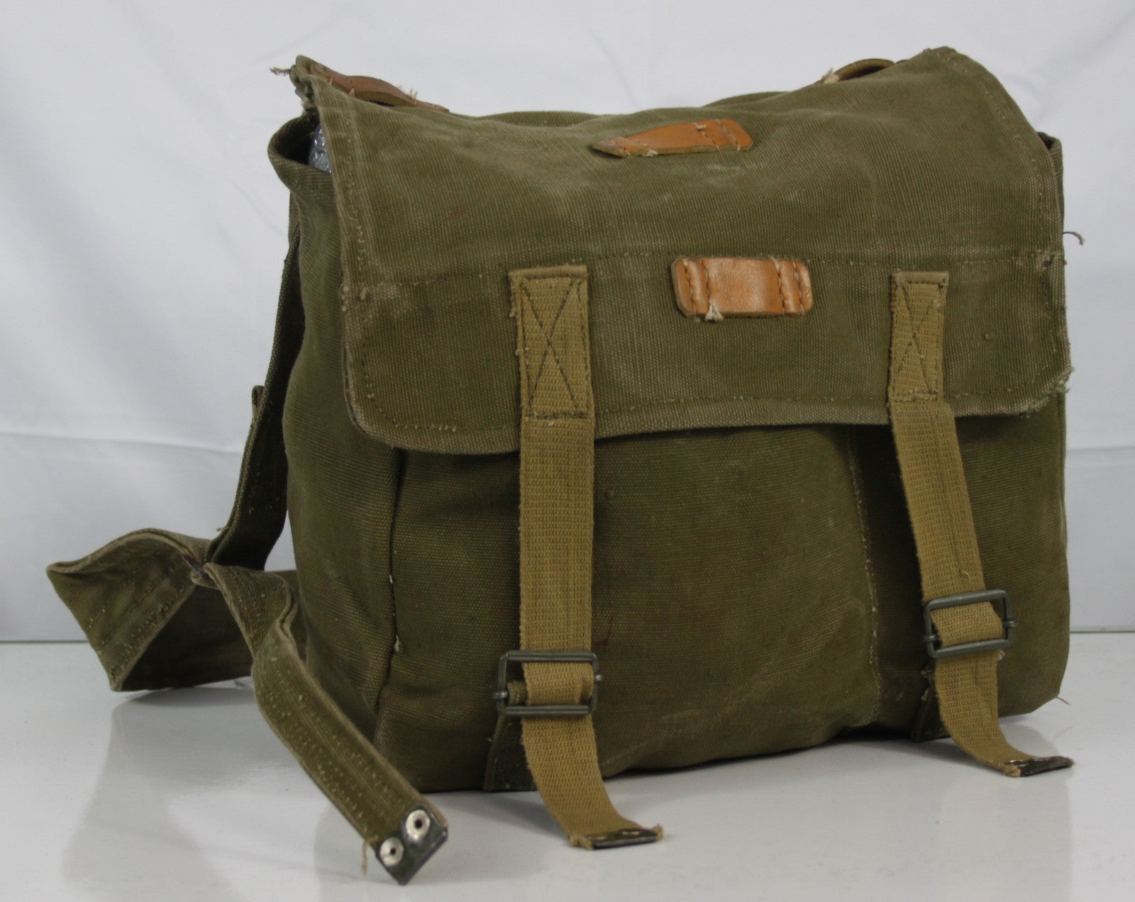 Vintage Genuine Surplus Romanian Army Side Bag Olive Canvas Leather Trim (4004)