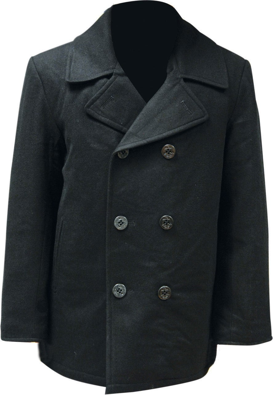 Highlander Black Pea Coat Formal Winter Over Coat Military Style 60% Wool