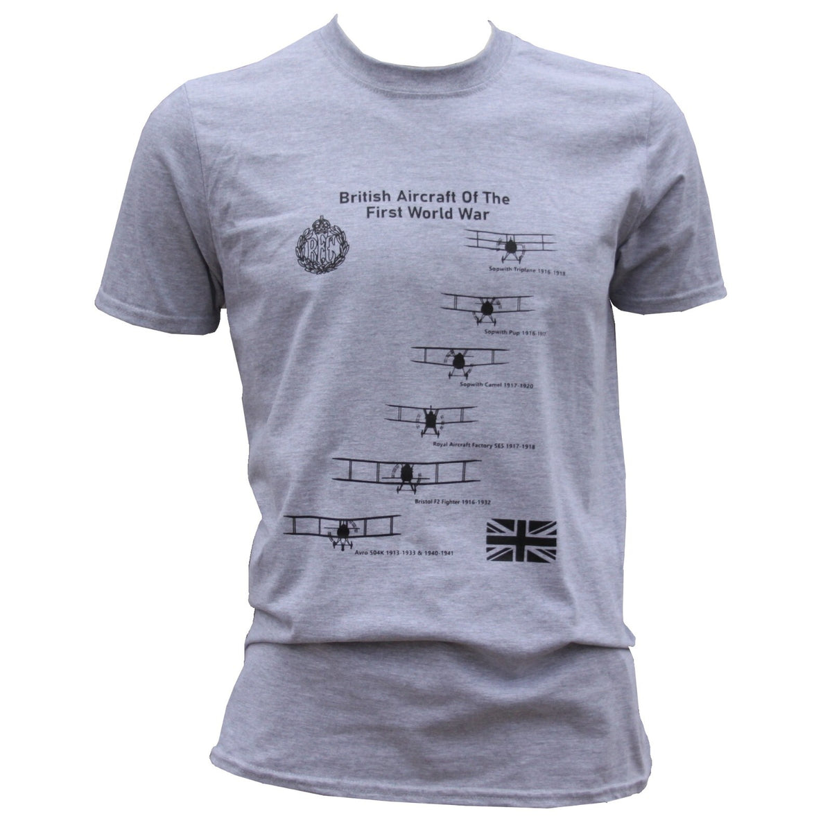 British RAF Planes of WW1 World War 1 Exclusive Printed T-Shirt Aviation L Grey