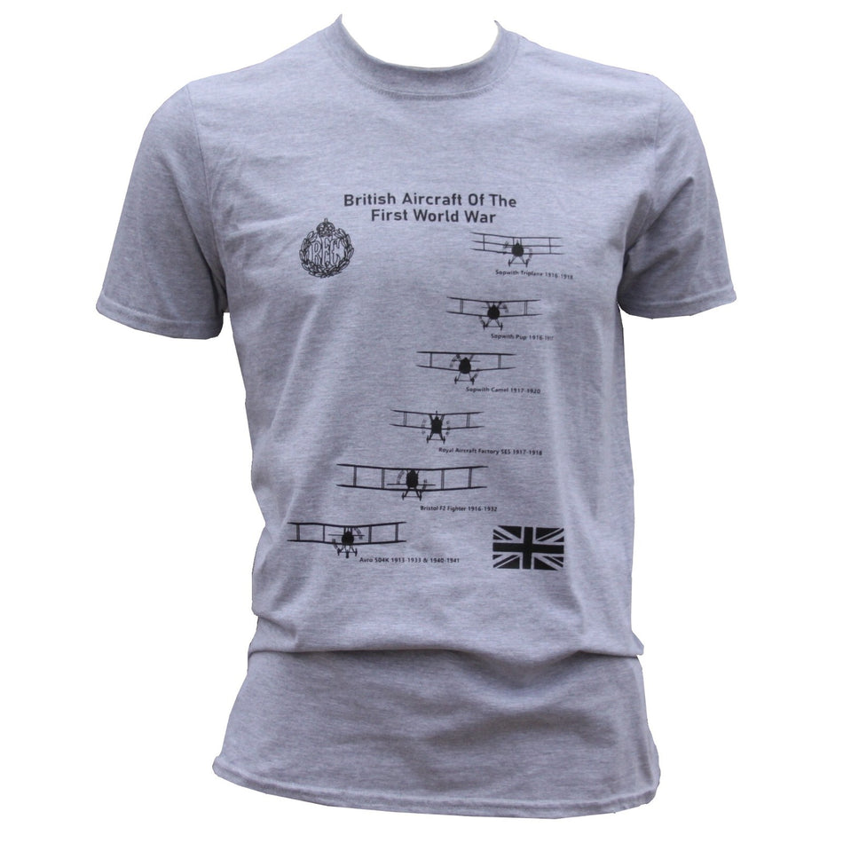 British RAF Planes of WW1 World War 1 Exclusive Printed T-Shirt Aviation L Grey