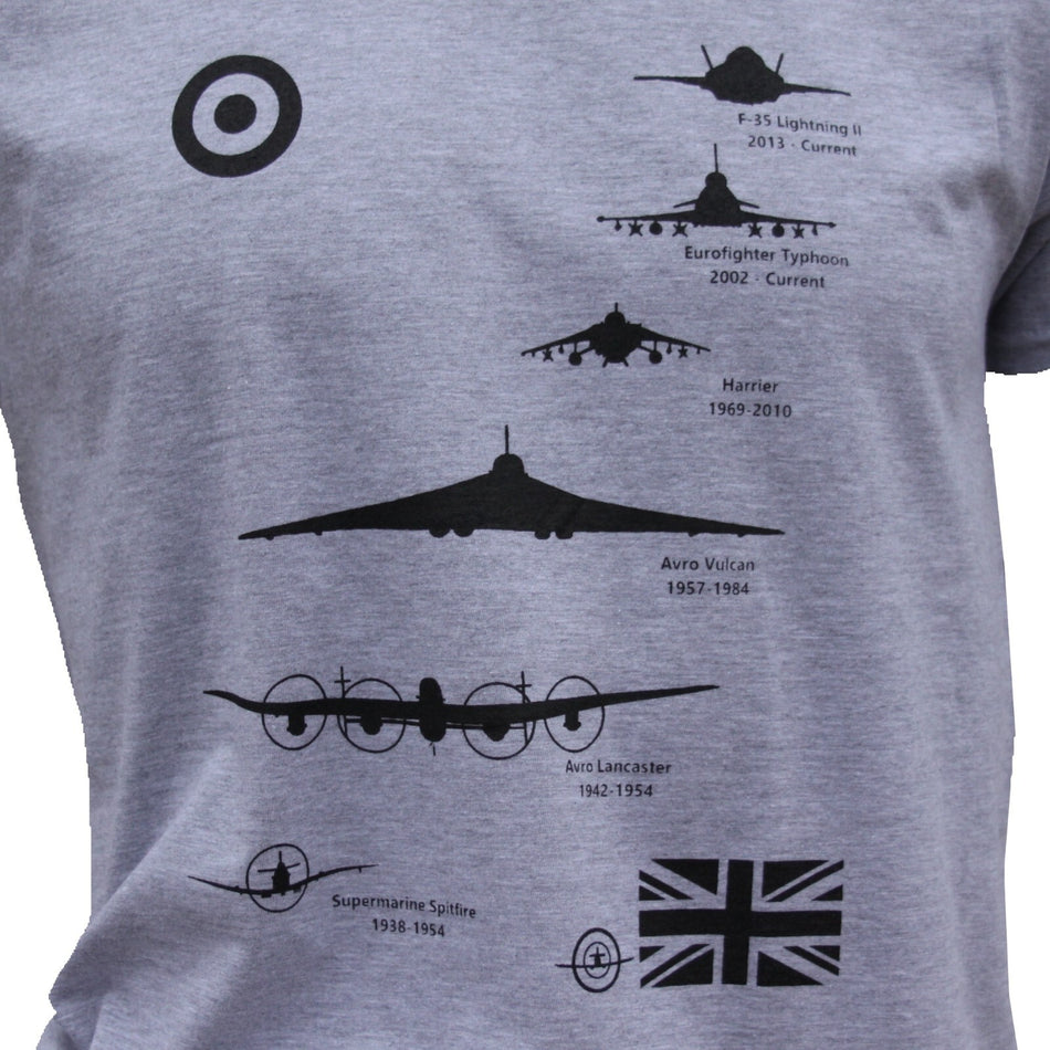 Planes of the RAF Royal Air Force Exclusive Printed T-Shirt Aviation L Grey