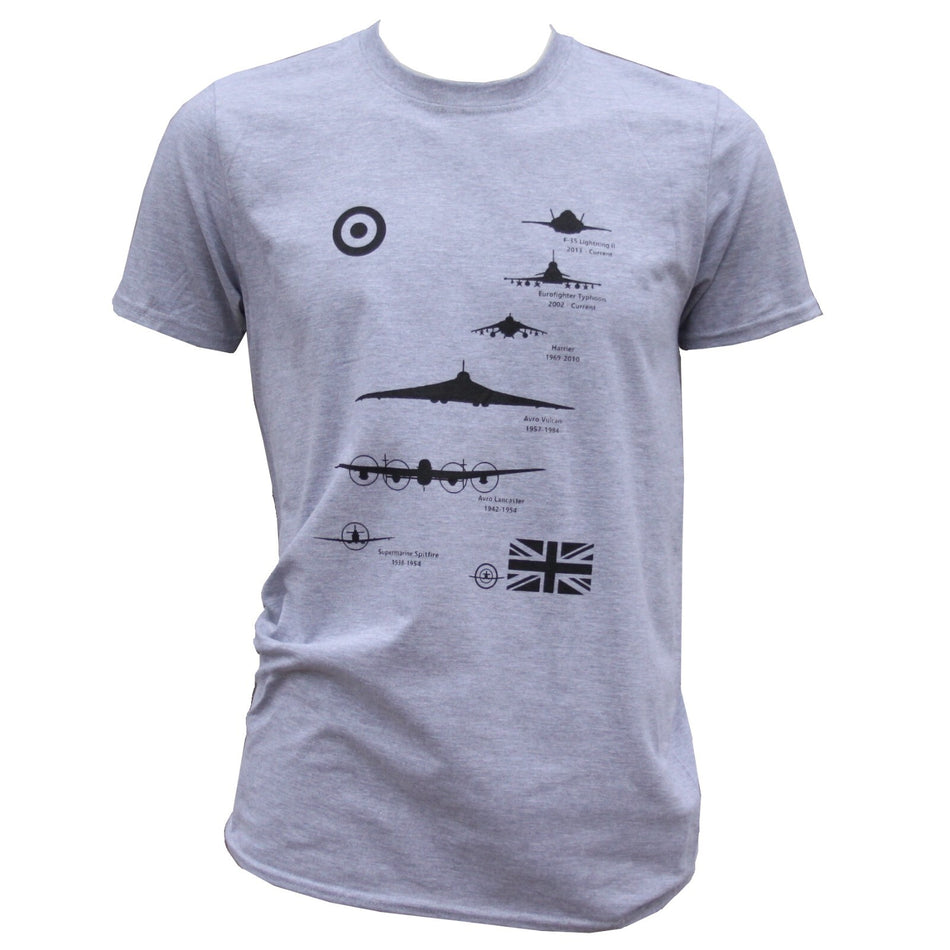 Planes of the RAF Royal Air Force Exclusive Printed T-Shirt Aviation L Grey