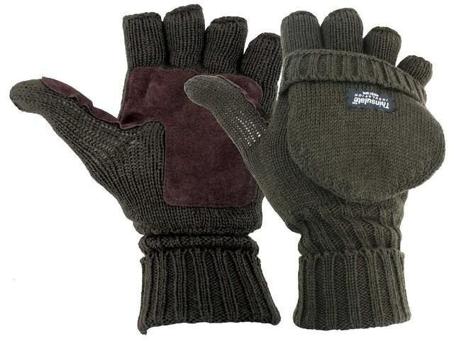 Thinsulate Lined Knitted Olive Foldback Gloves Fingerless Mitts Thermal Winter