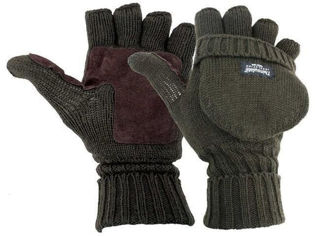 Thinsulate Lined Knitted Olive Foldback Gloves Fingerless Mitts Thermal Winter