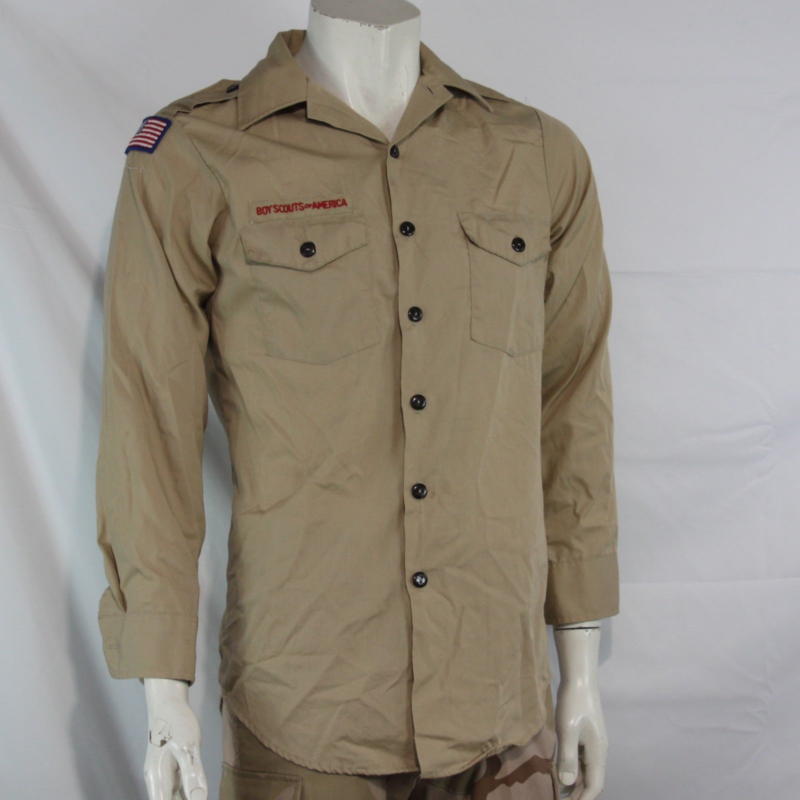 Boy Scout Shirt Badged Sand Genuine US Scouts of America 14-14.5" Collar  (3619)