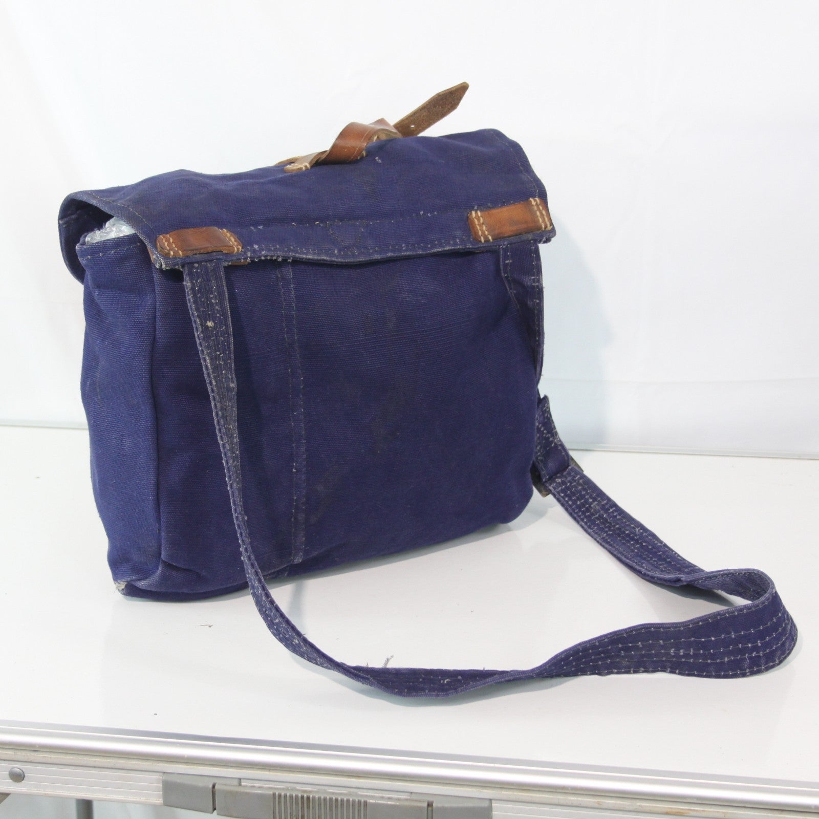 Vintage Genuine Surplus Romanian Army Military Side Bag Navy Blue Canvas (3874)