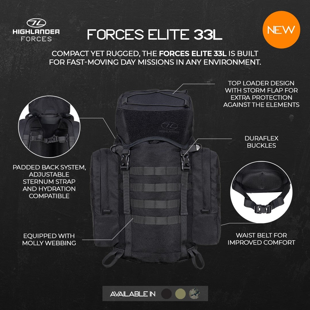 Highlander Forces Elite 33L Rucksack Black Green Tactical Bag Pack MilitaryStyle