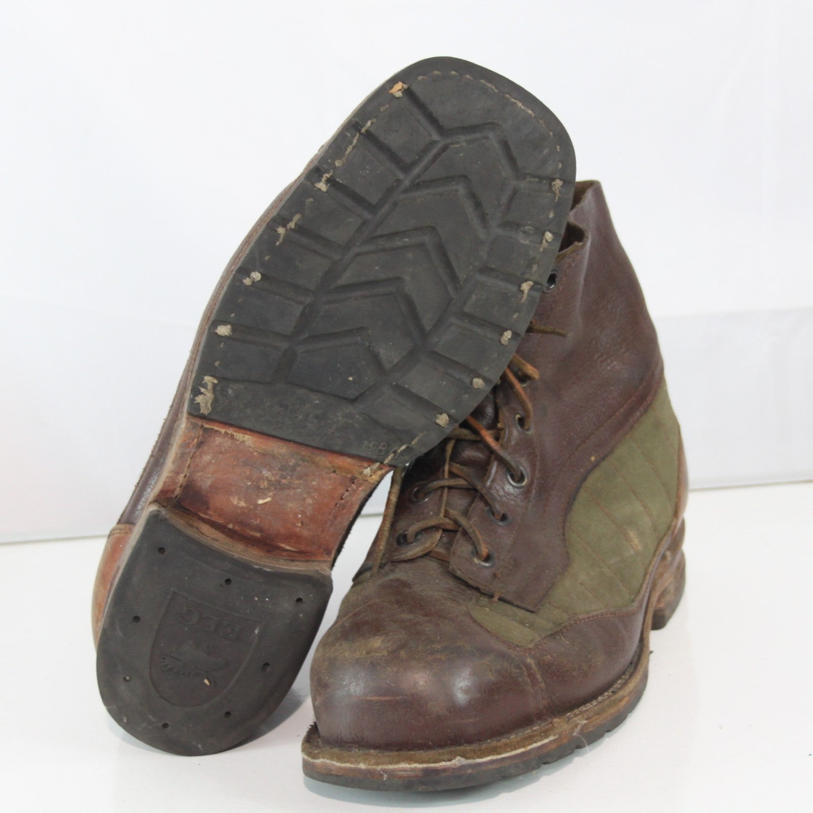 Vintage Swedish Army Canvas Leather Boots Heavy Brown Green EU 43 (3580)