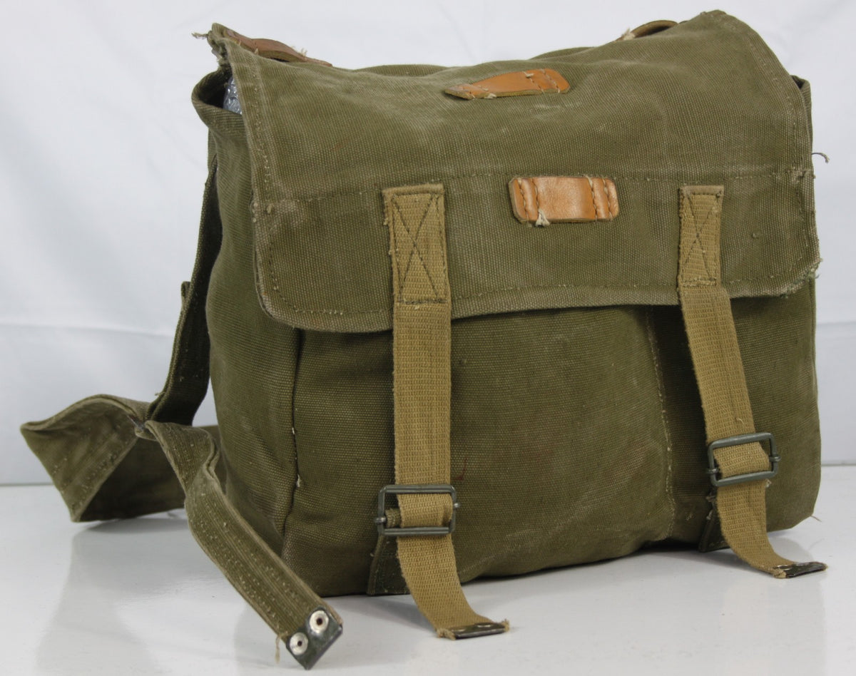 Vintage Genuine Surplus Romanian Army Side Bag Olive Canvas Leather Trim (4004)