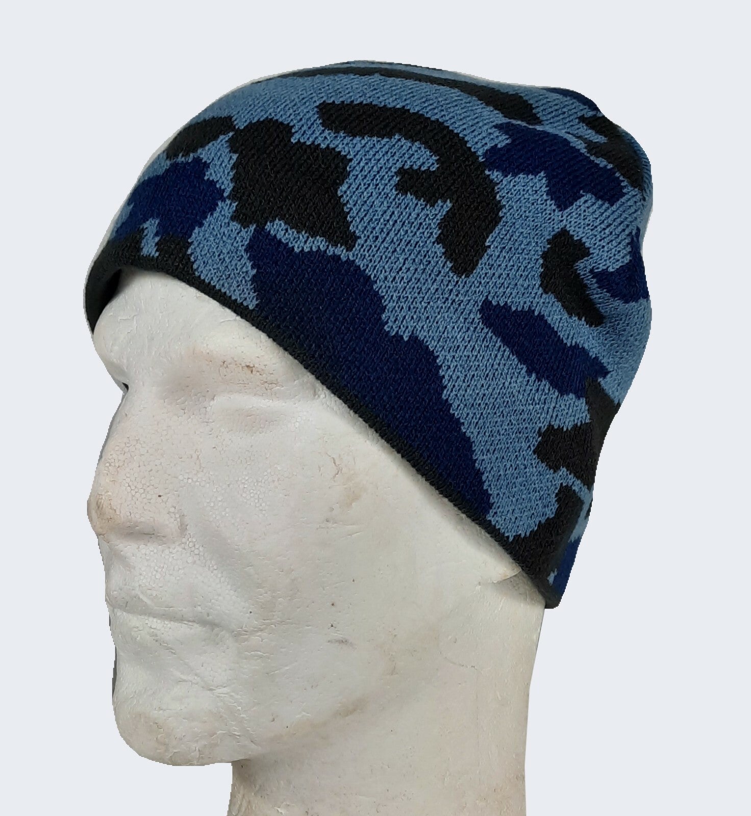 Camouflage Beanie Hat Stretch One Size Green or Blue Camo Knitted Acrylic