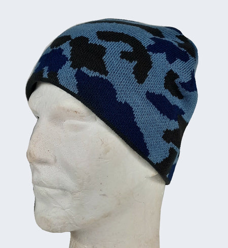 Camouflage Beanie Hat Stretch One Size Green or Blue Camo Knitted Acrylic