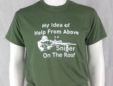 Sniper on the Roof Screenprint T-shirt Gildan Green Cotton Military Humour