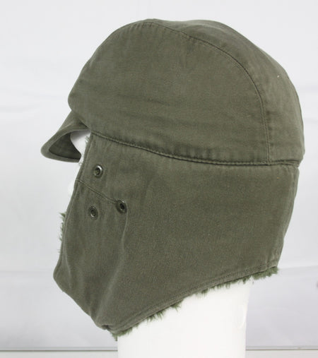 Vintage French Army Winter Hat Cap Genuine Surplus Fur-lined Olive Green 1031