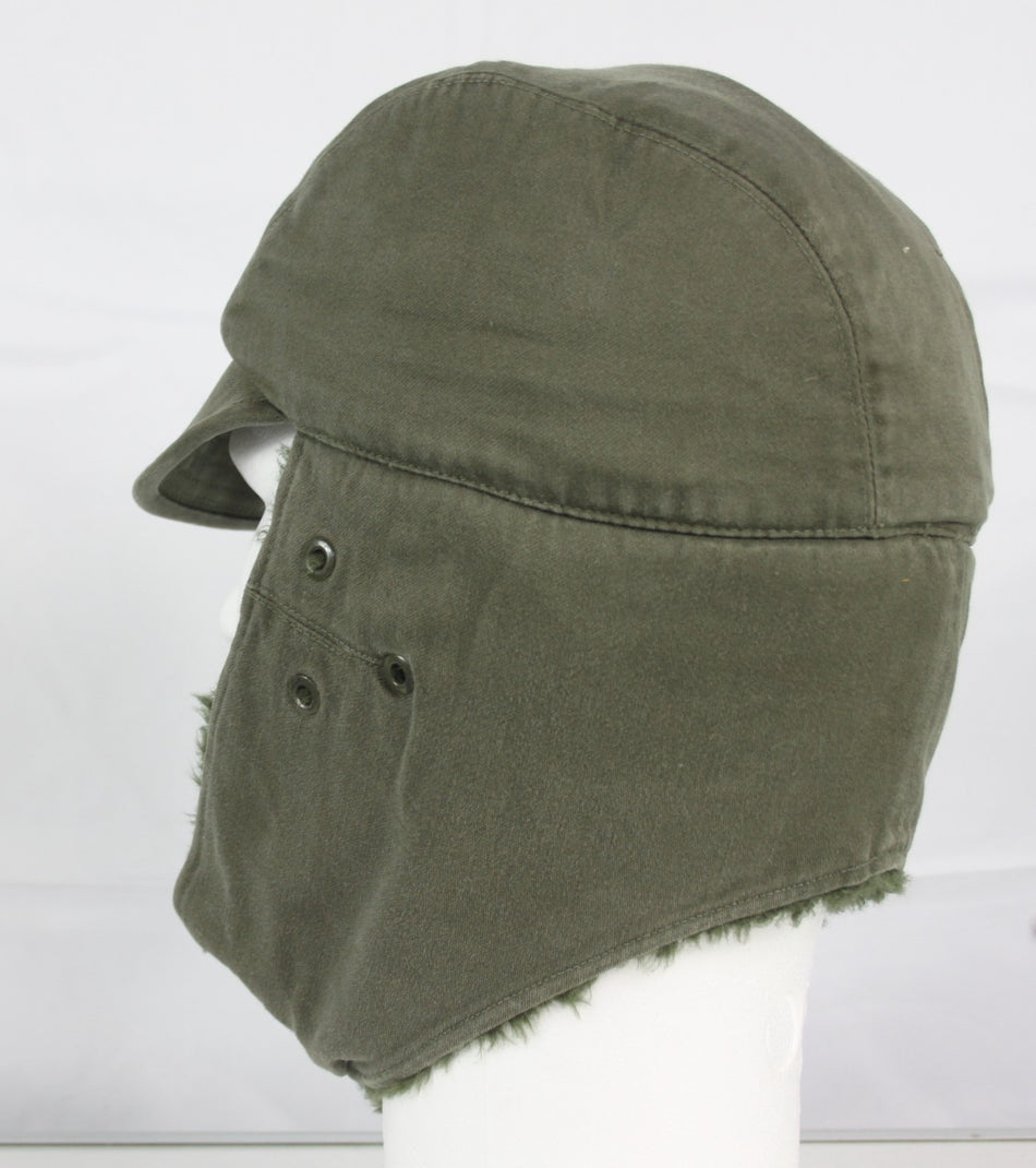 Vintage French Army Winter Hat Cap Genuine Surplus Fur-lined Olive Green 1031