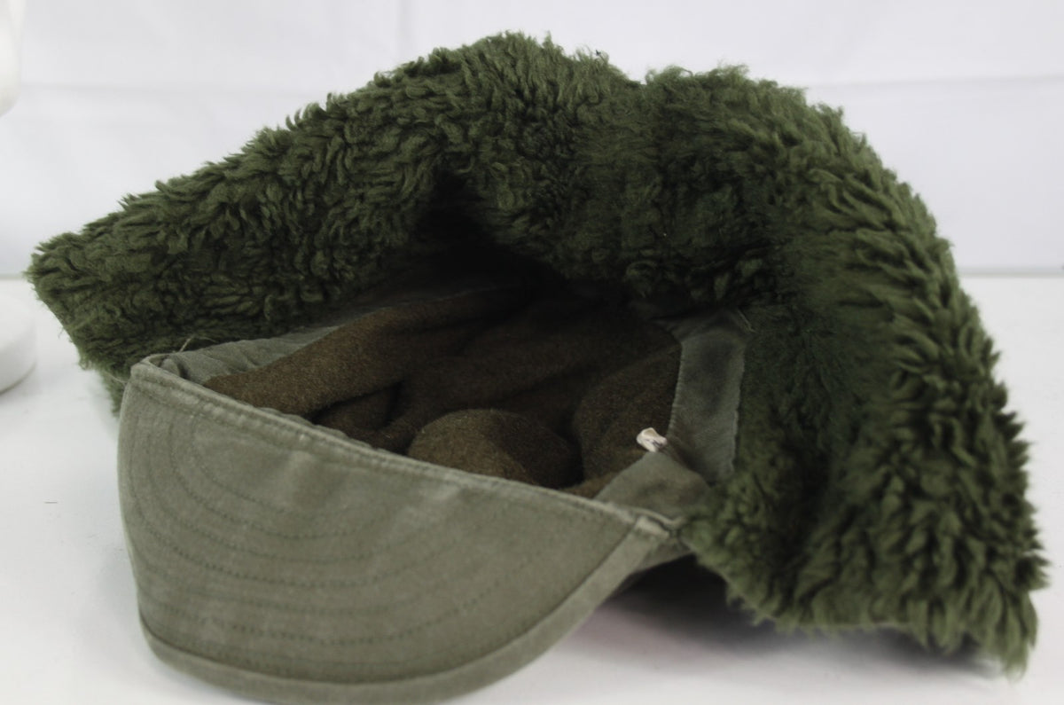 Vintage French Army Winter Hat Cap Genuine Surplus Fur-lined Olive Green 1031