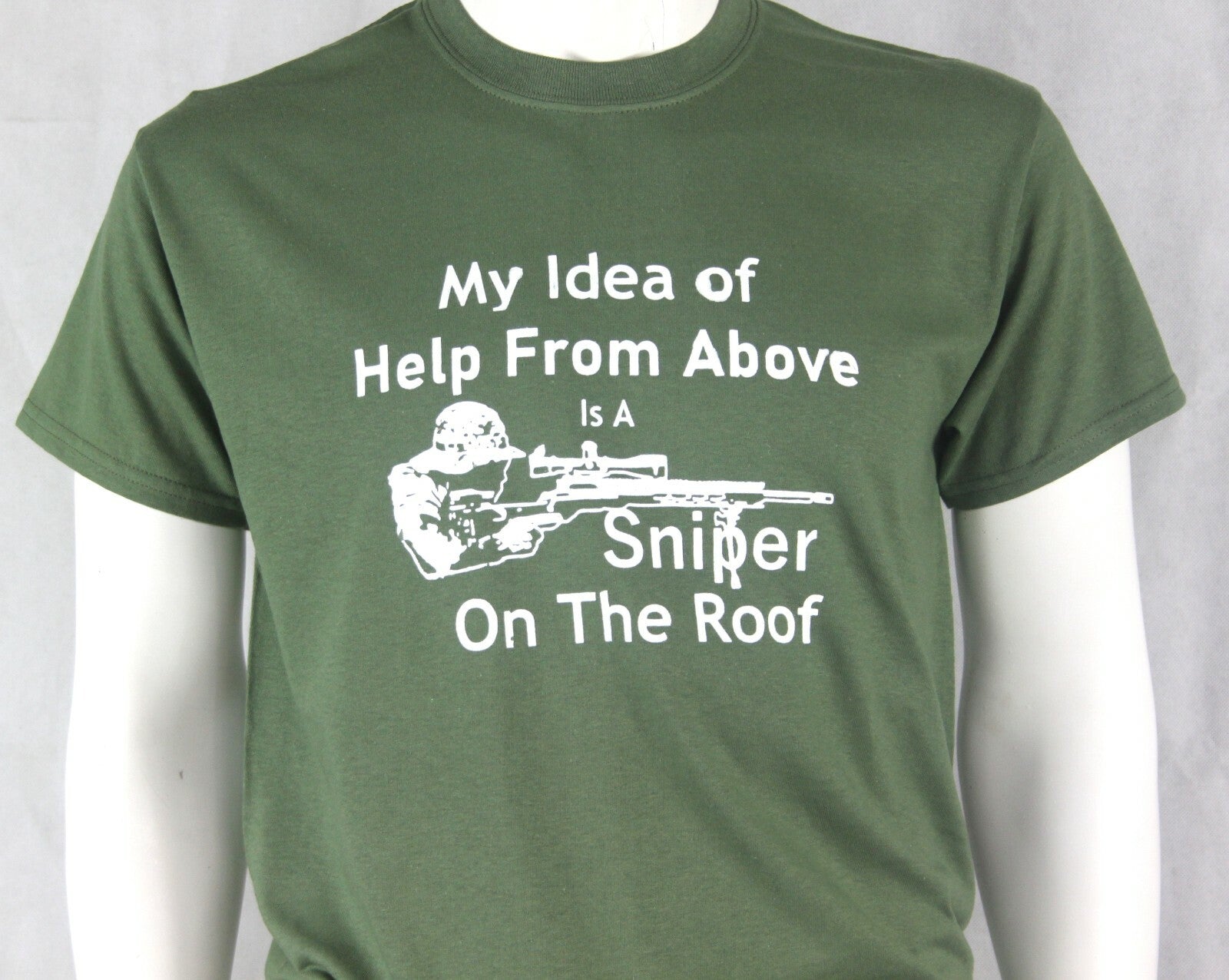 Sniper on the Roof Screenprint T-shirt Gildan Green Cotton Military Humour