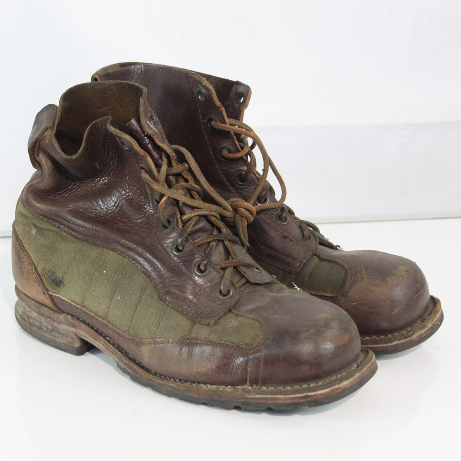 Vintage Swedish Army Canvas Leather Boots Heavy Brown Green EU 43 (3580)