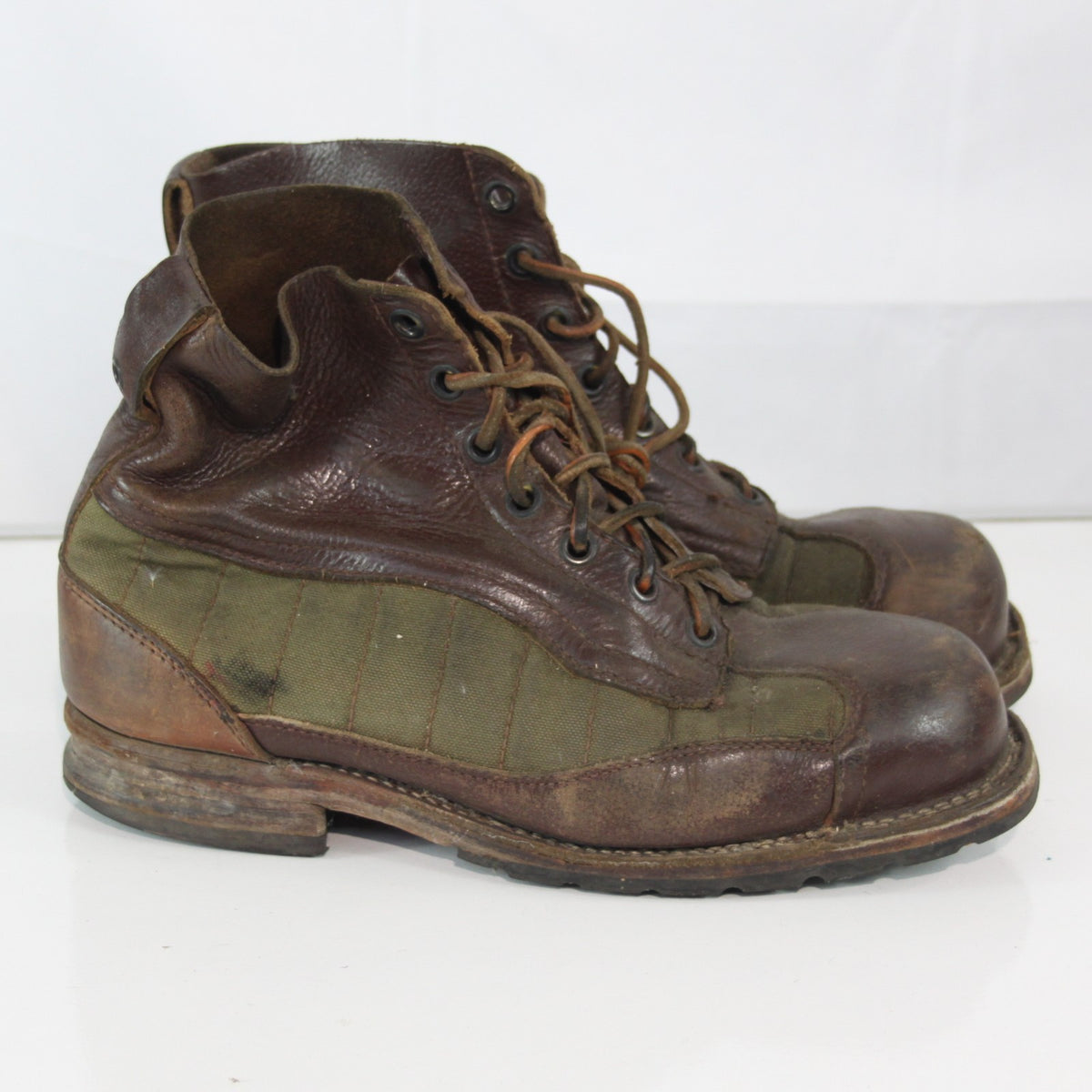 Vintage Swedish Army Canvas Leather Boots Heavy Brown Green EU 43 (3580)