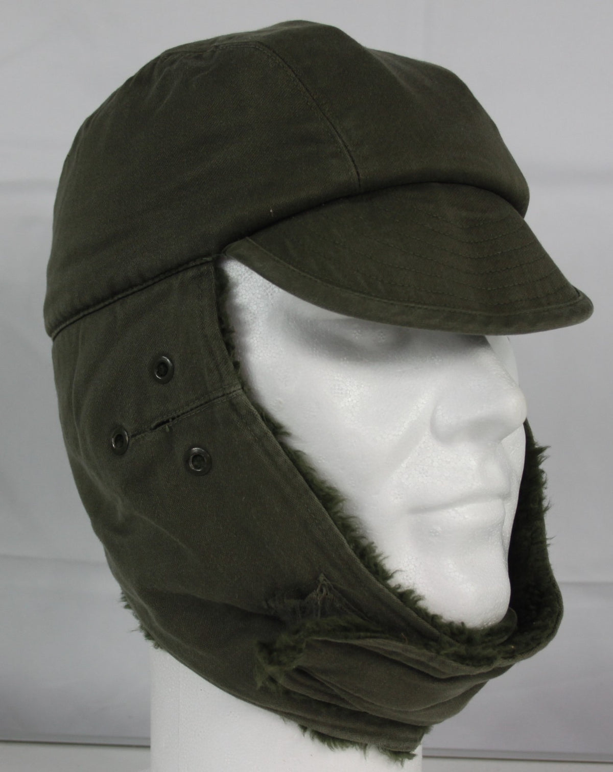Vintage French Army Winter Hat Cap Genuine Surplus Fur-lined Olive Green 1031