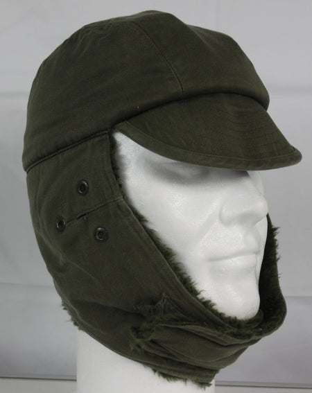 Vintage French Army Winter Hat Cap Genuine Surplus Fur-lined Olive Green 1031