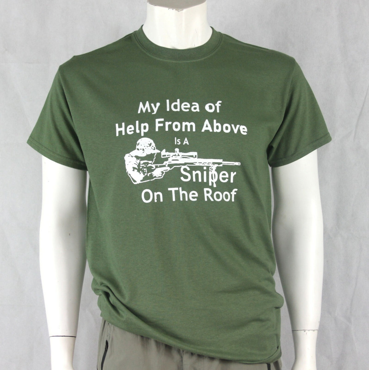 Sniper on the Roof Screenprint T-shirt Gildan Green Cotton Military Humour
