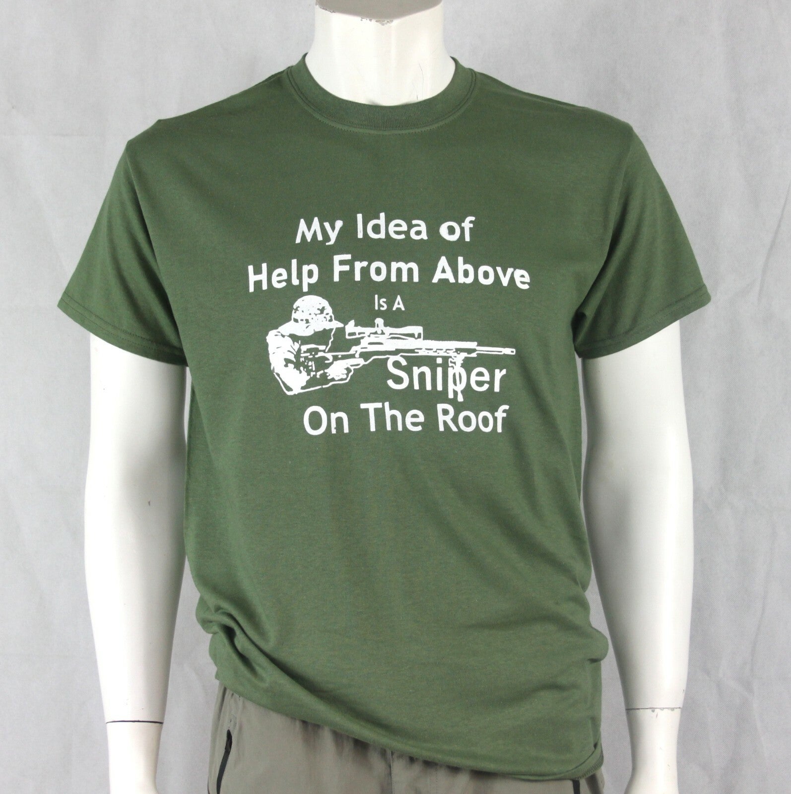 Sniper on the Roof Screenprint T-shirt Gildan Green Cotton Military Humour