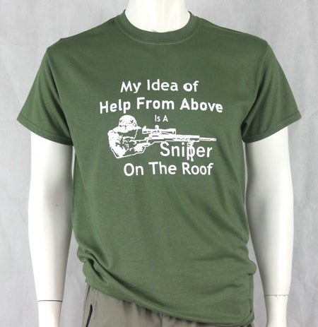 Sniper on the Roof Screenprint T-shirt Gildan Green Cotton Military Humour