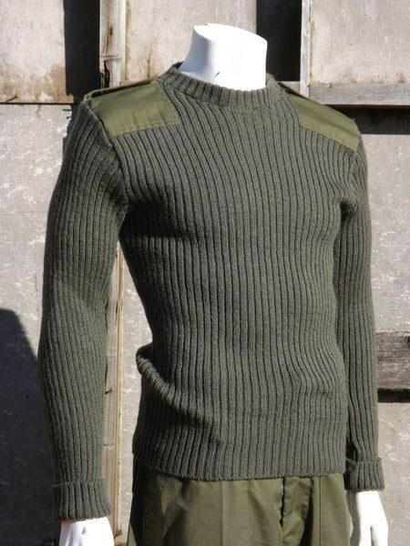 Genuine Belgian/British Army Wool Jumper Crew Neck Olive Green Surplus Repaired