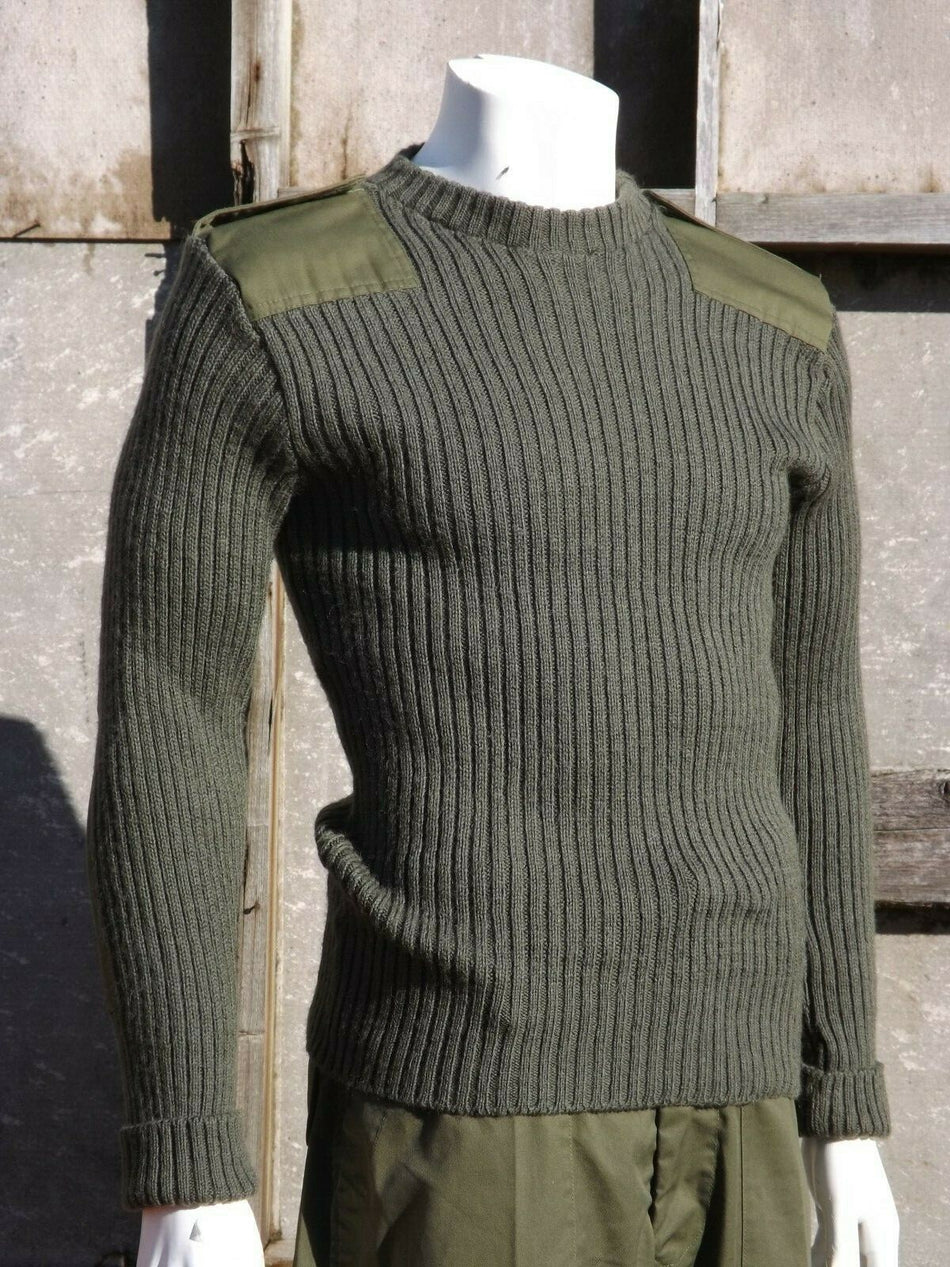 Genuine Belgian/British Army Wool Jumper Crew Neck Olive Green Surplus Repaired