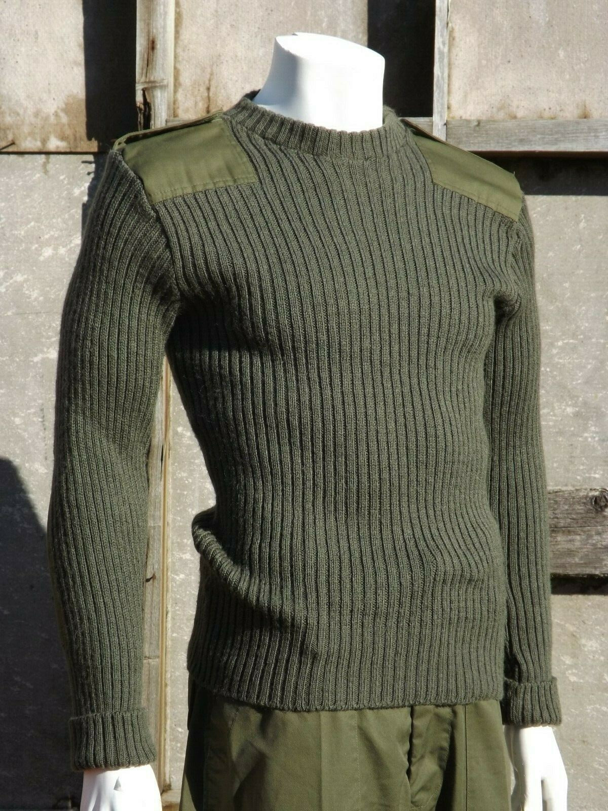 Genuine Belgian/British Army Wool Jumper Crew Neck Olive Green Surplus Repaired