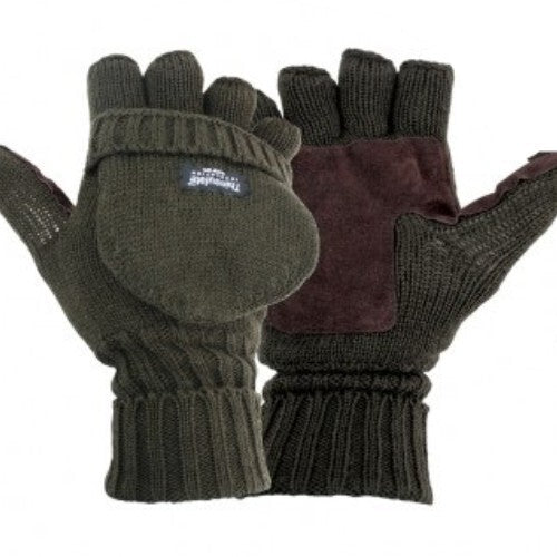 Thinsulate Lined Knitted Olive Foldback Gloves Fingerless Mitts Thermal Winter