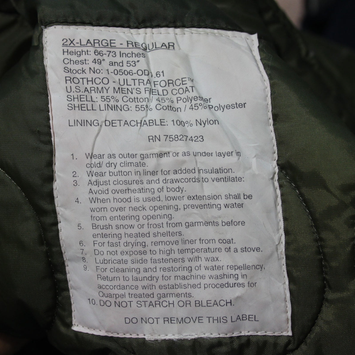 Rothco Copy of US Military Field Coat Liner Quilted Jacket Liner 46" Chest (3707