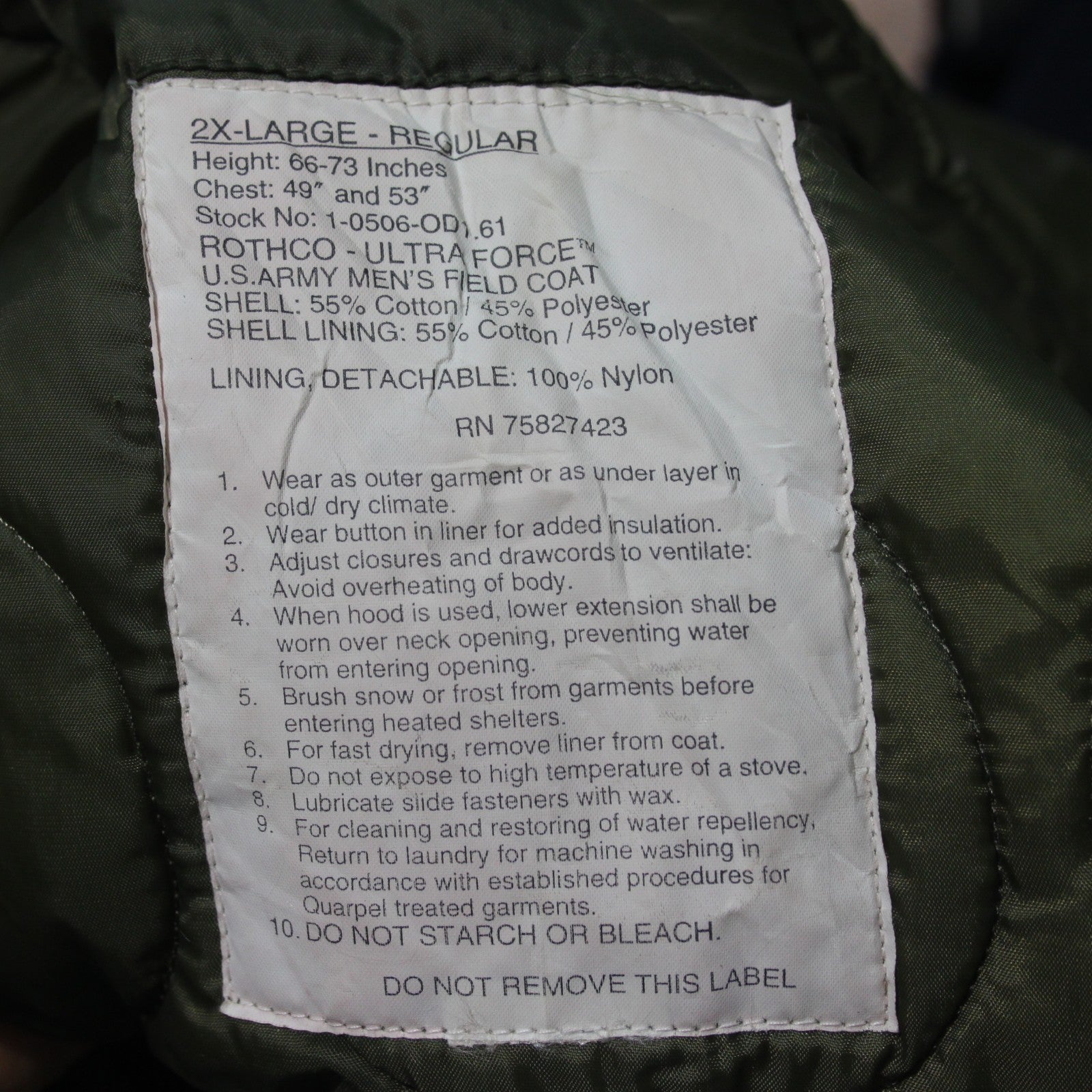 Rothco Copy of US Military Field Coat Liner Quilted Jacket Liner 46" Chest (3707