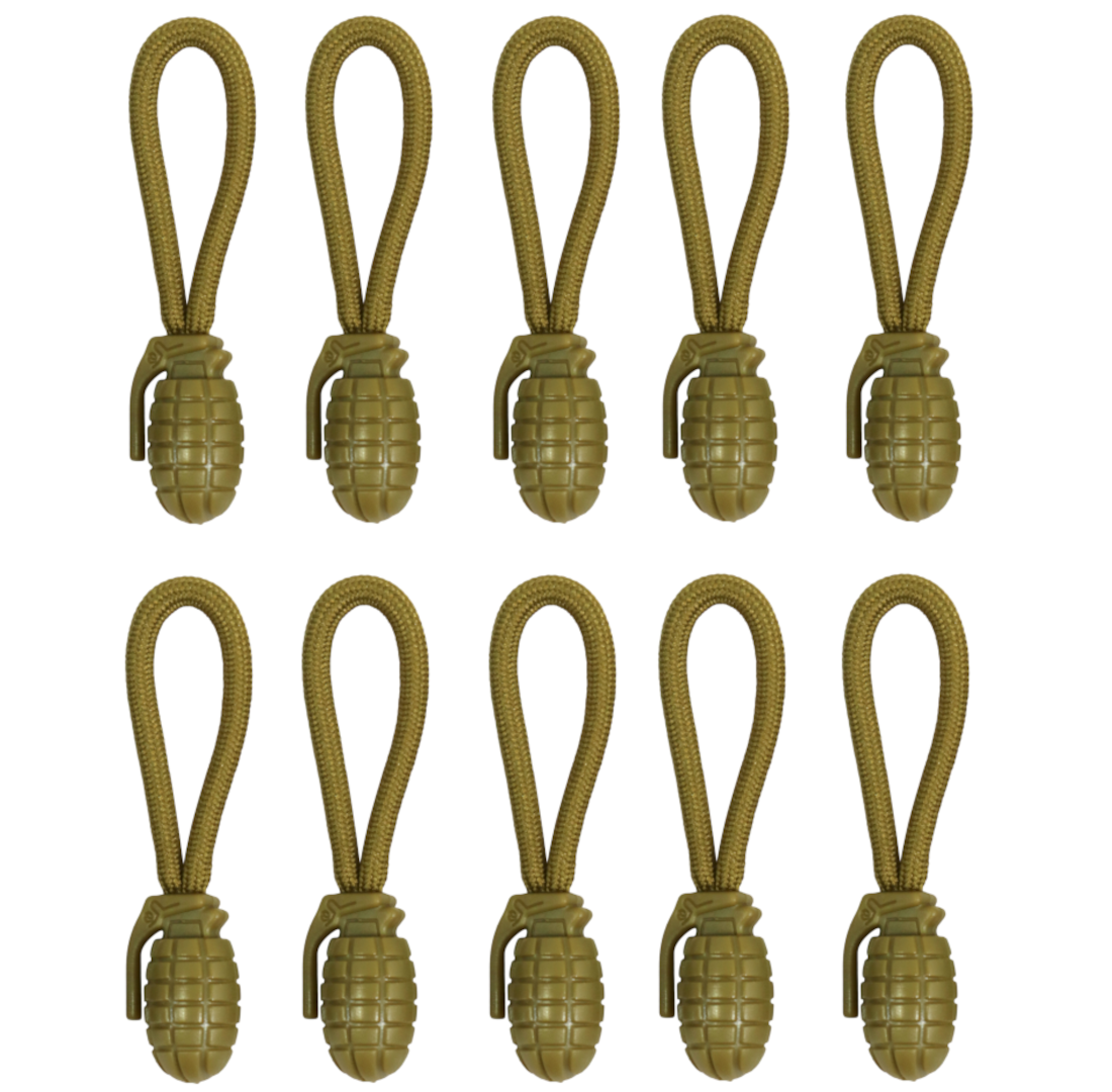 KT Pack10 Grenade Zip Pullers Olive Tan Black Grey Tactical Military Airsoft