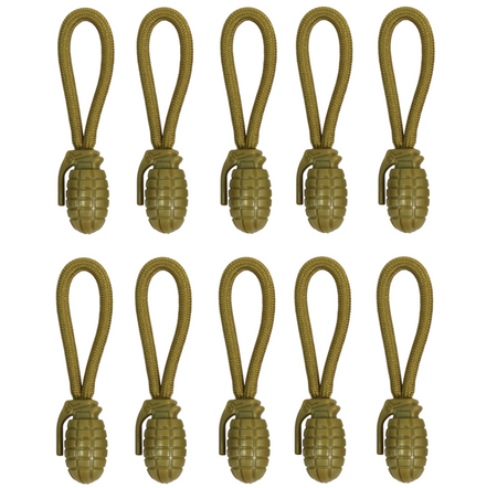 KT Pack10 Grenade Zip Pullers Olive Tan Black Grey Tactical Military Airsoft