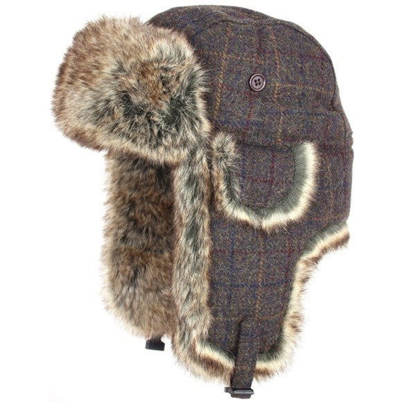 Jack Pyke Brown Tweed Winter Trapper Hat Faux Fur Unisex Wool Blend
