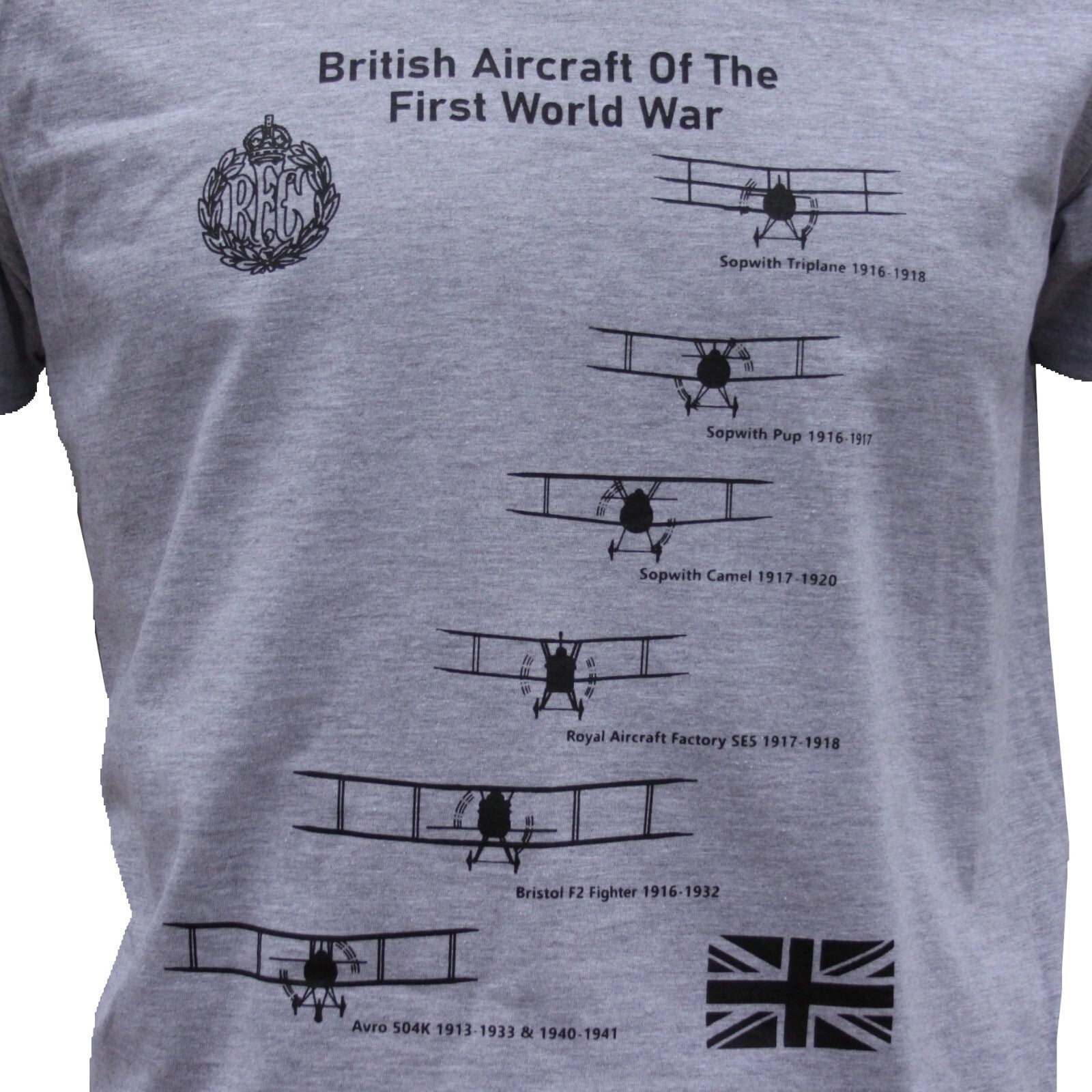 British RAF Planes of WW1 World War 1 Exclusive Printed T-Shirt Aviation L Grey