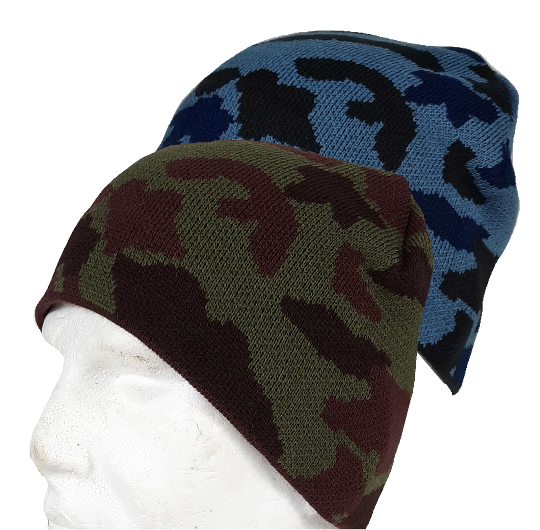 Camouflage Beanie Hat Stretch One Size Green or Blue Camo Knitted Acrylic