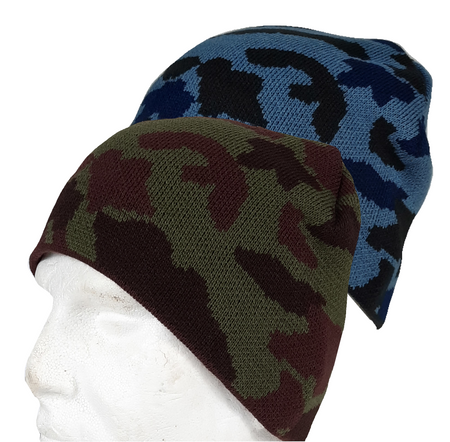 Camouflage Beanie Hat Stretch One Size Green or Blue Camo Knitted Acrylic