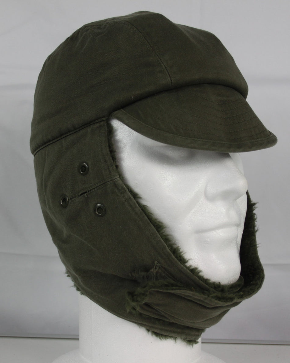 Vintage French Army Winter Hat Cap Genuine Surplus Fur-lined Olive Green 1031