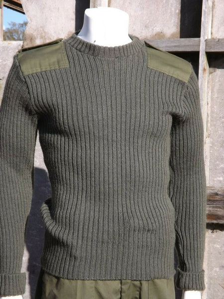Genuine Belgian/British Army Wool Jumper Crew Neck Olive Green Surplus Repaired