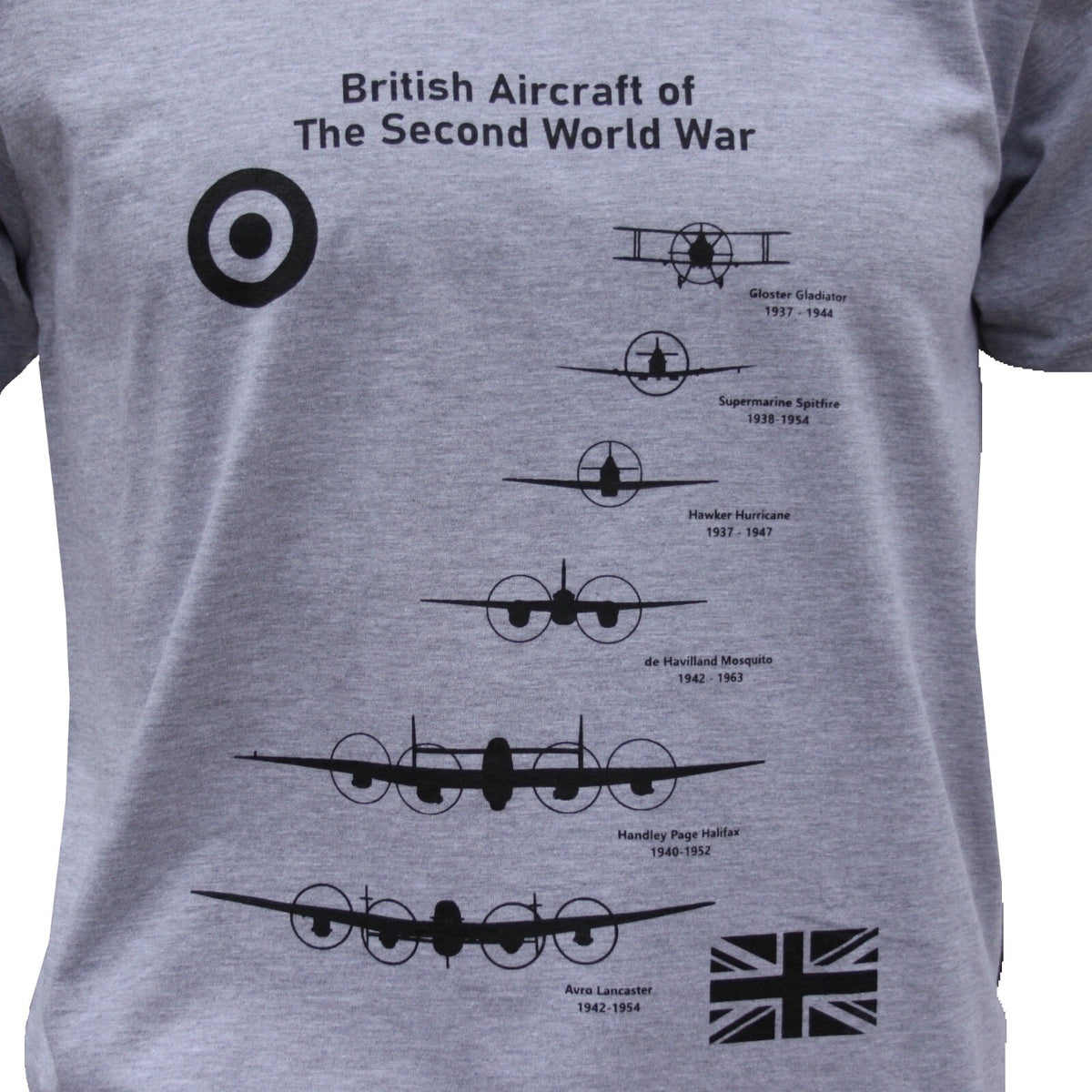 British RAF Planes of WW2 World War 2 Exclusive Printed T-Shirt Aviation L Grey