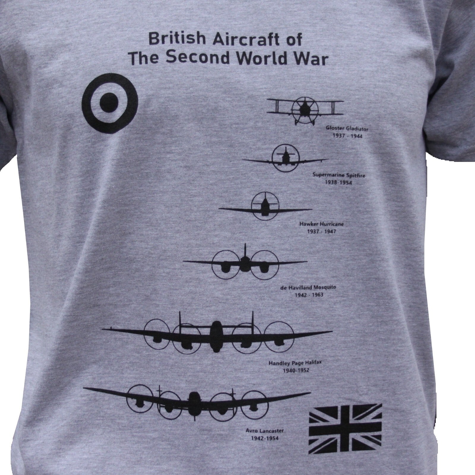 British RAF Planes of WW2 World War 2 Exclusive Printed T-Shirt Aviation L Grey
